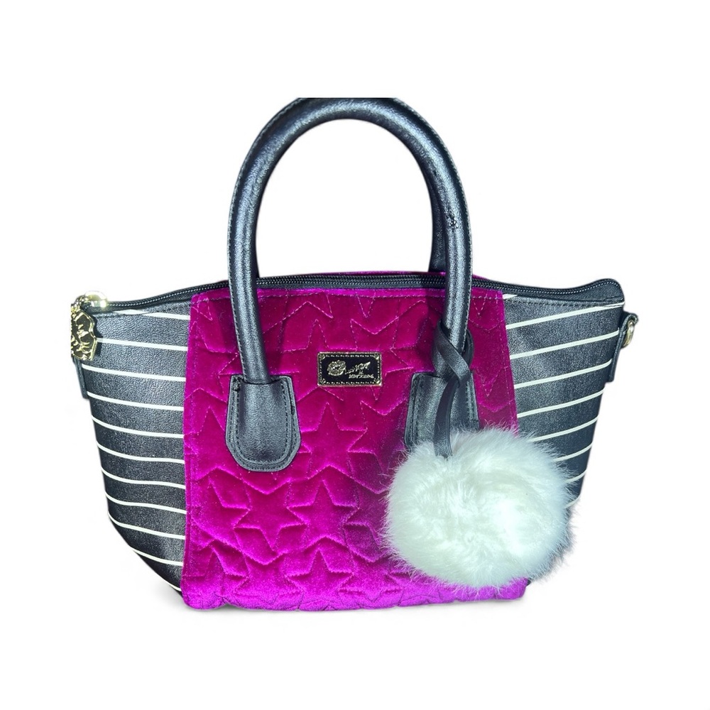 Betsey Johnson “ LUV BETSEY “ Black and White Stripes Purple Front and Pom Pom